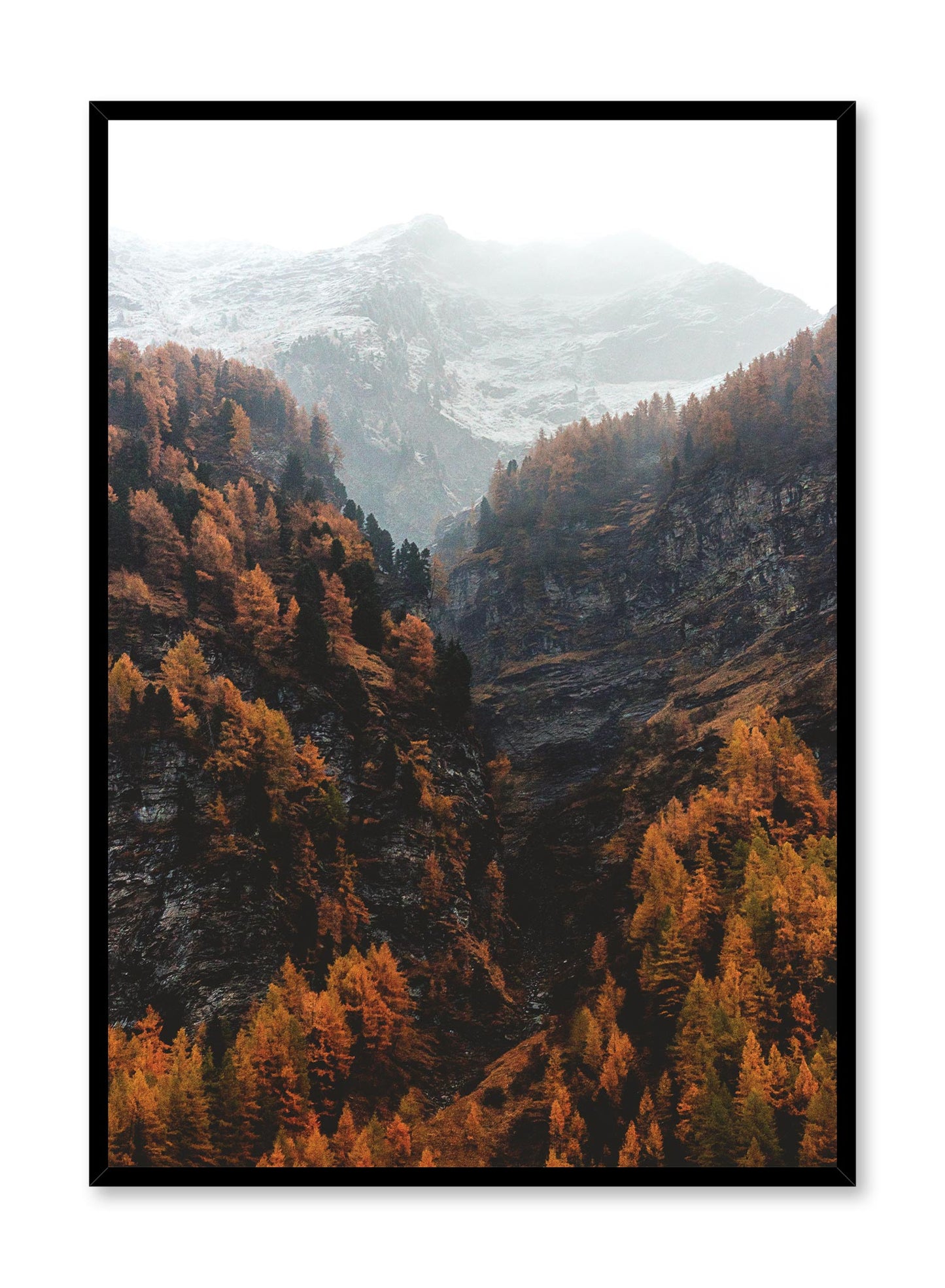 Hike Reward is a minimalist photography by Opposite Wall of a view overlooking mountains covered in orange leaves in the front and snow in the background.