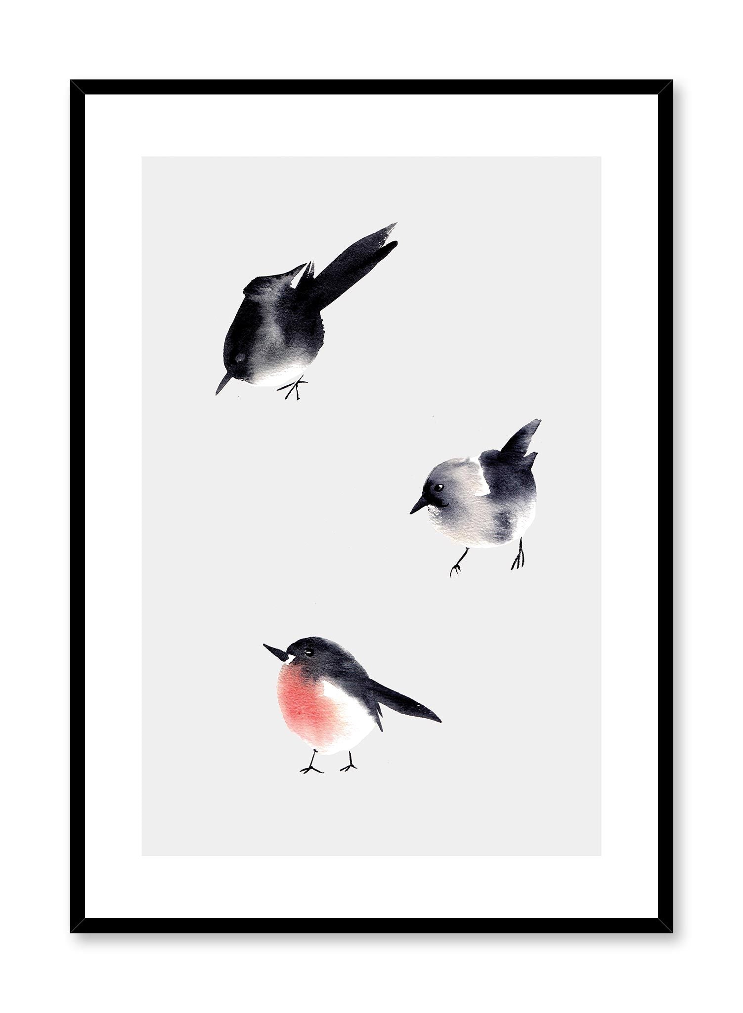 Birdies is a minimalist illustration by Opposite Wall of three small birds in different poses.