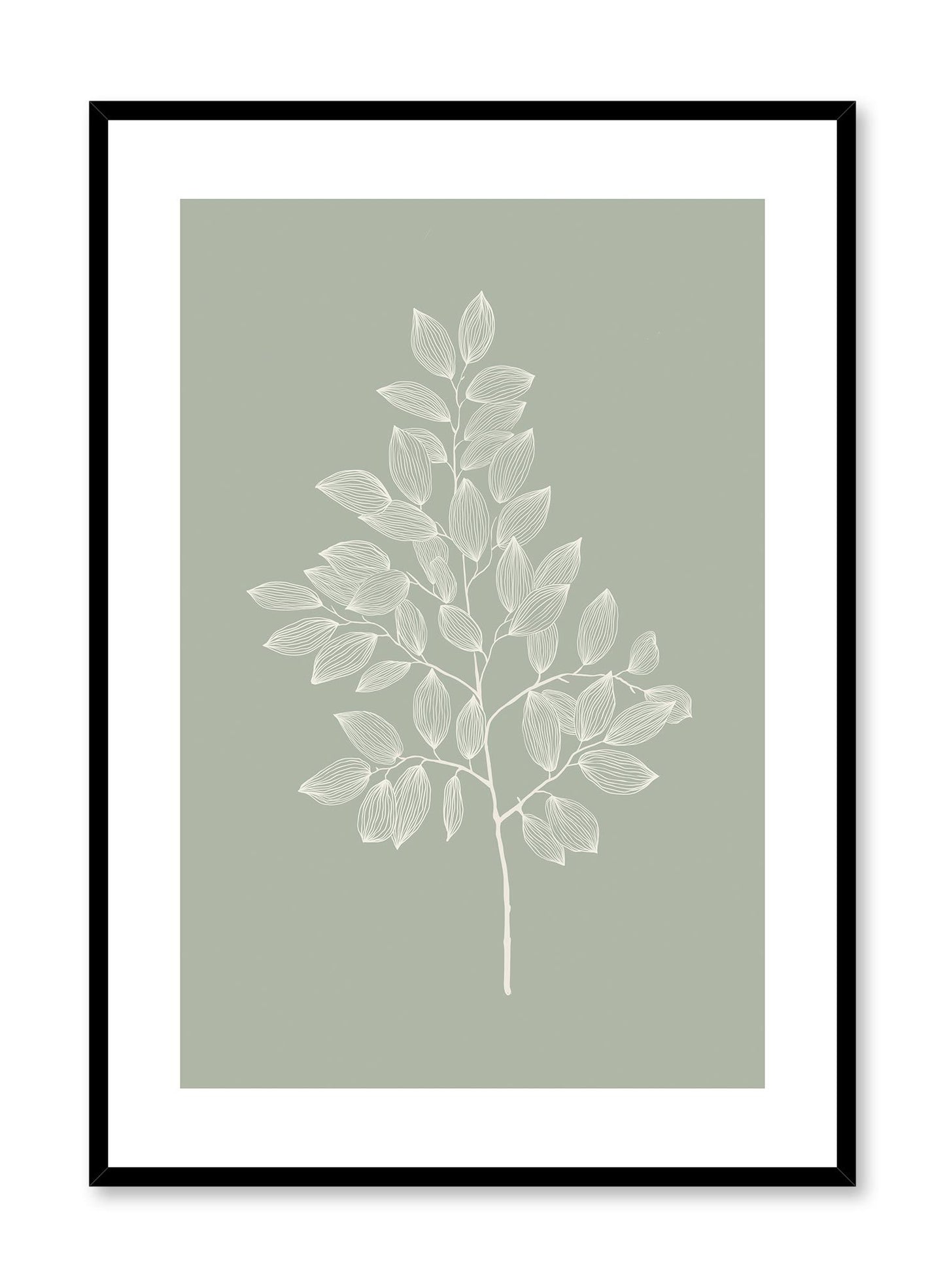 Leafy Branch is a minimalist illustration by Opposite Wall of a tree branch with many small leaves.