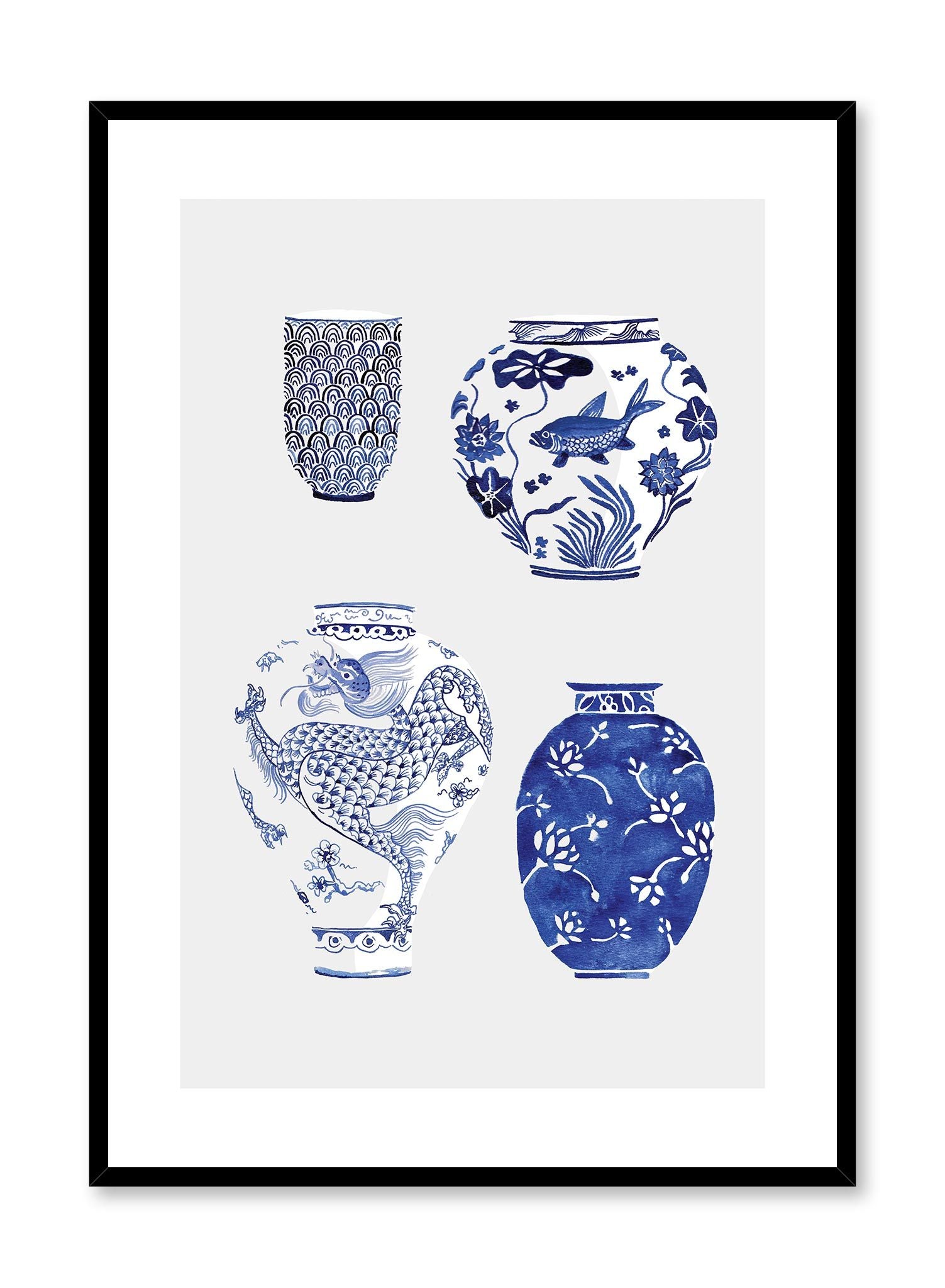 Tojiki is a minimalist illustration by Opposite Wall of four big blue vases with different patterns.