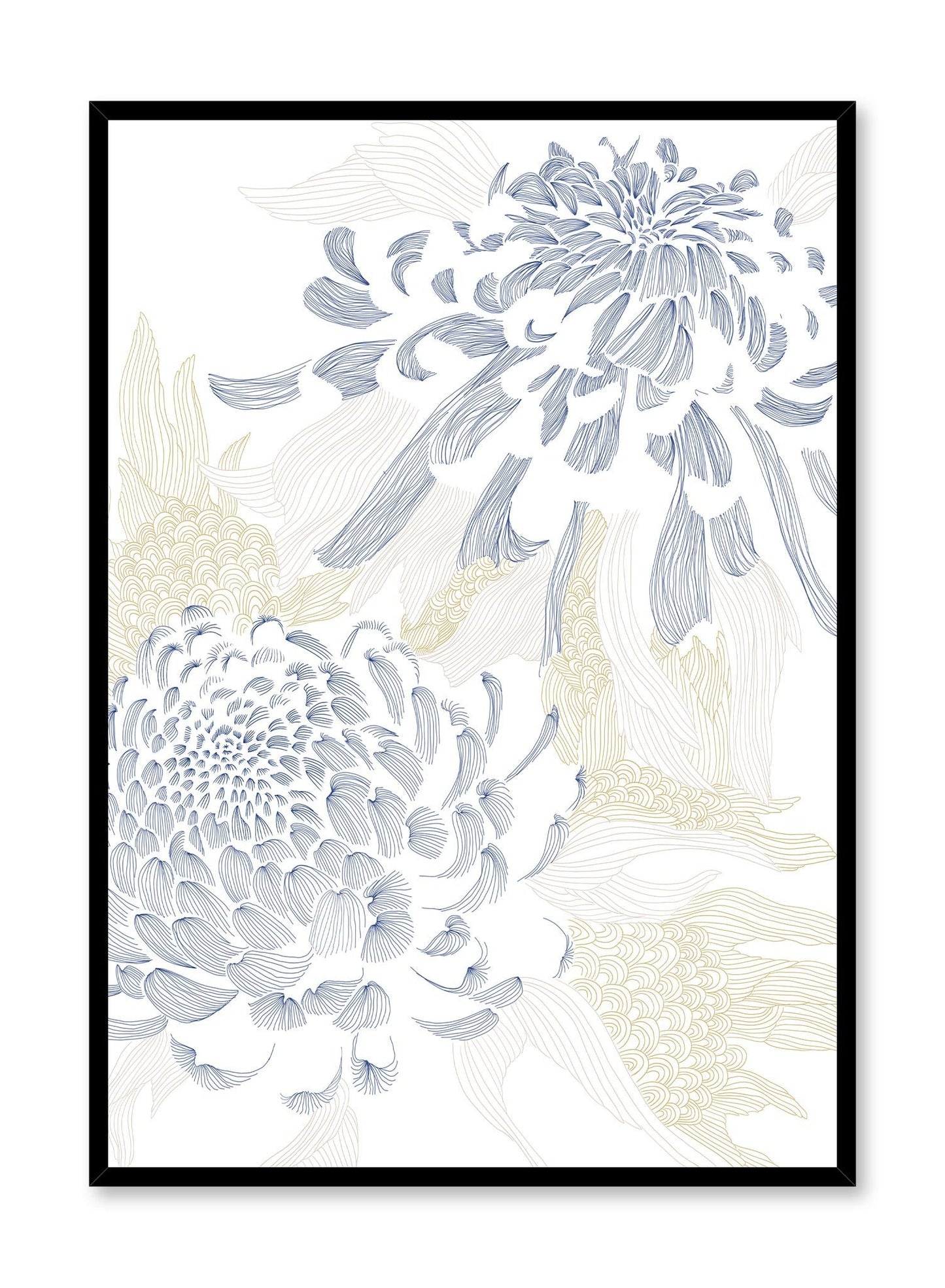 Hanakotoba is a minimalist illustration by Opposite Wall of big blooming blue and beige flowers.