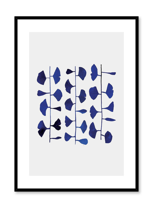Leafy Curtains is a minimalist illustration by Opposite Wall of a blue thin plant with fan-like leaves coming out of them.