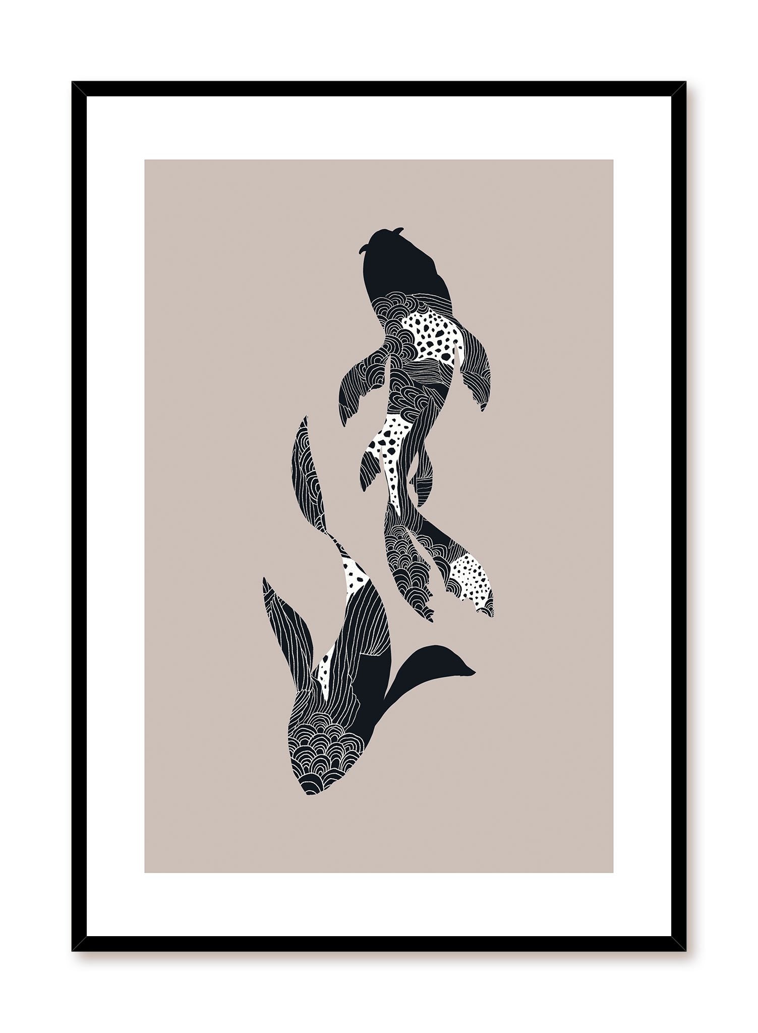 Fish in Water is a minimalist illustration by Opposite Wall of two patterned koi fishes swimming away from each other.