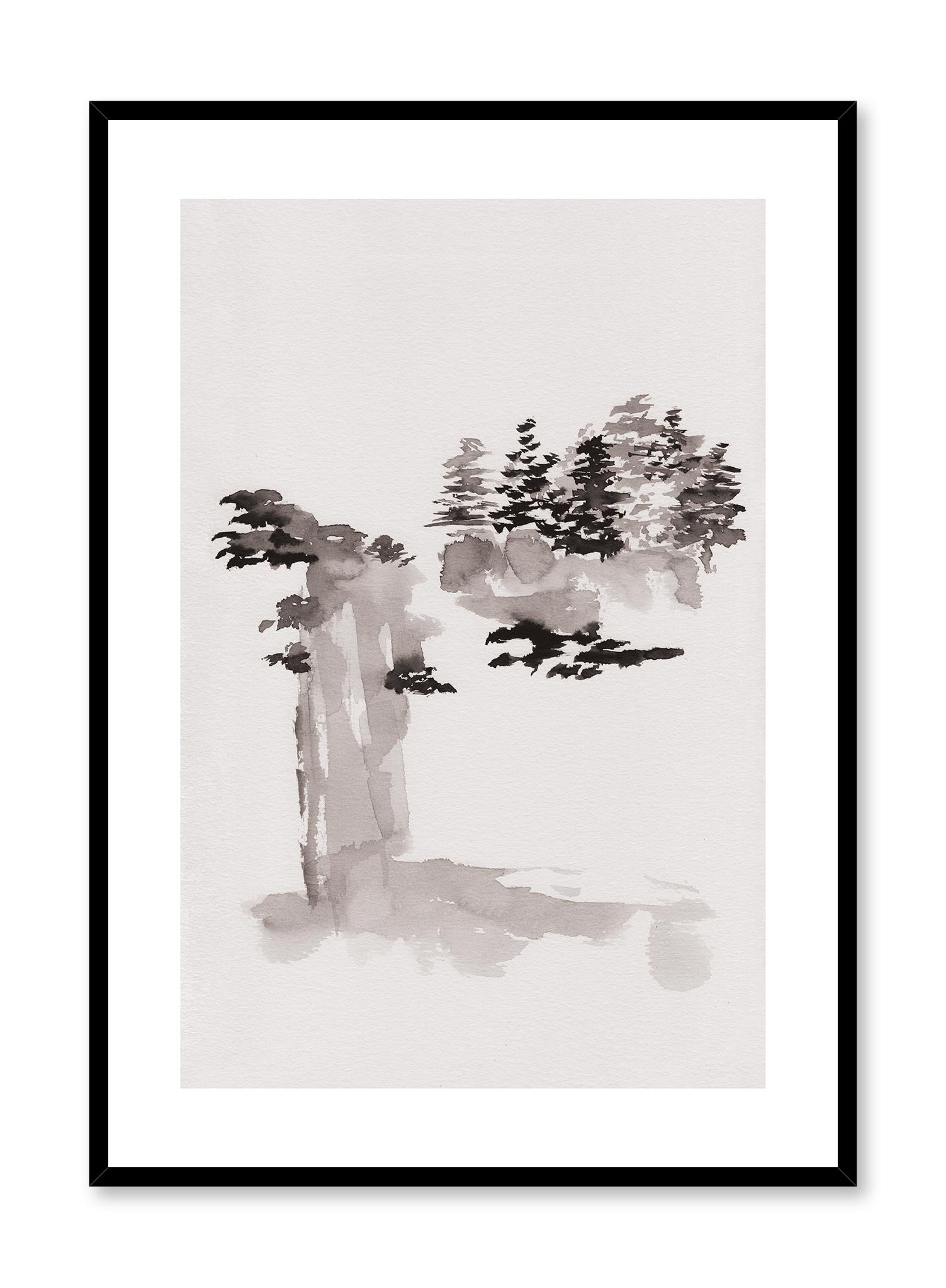 Ink Forest is a minimalist illustration by Opposite Wall of an abstract waterfall and forest scenery drawn in ink.