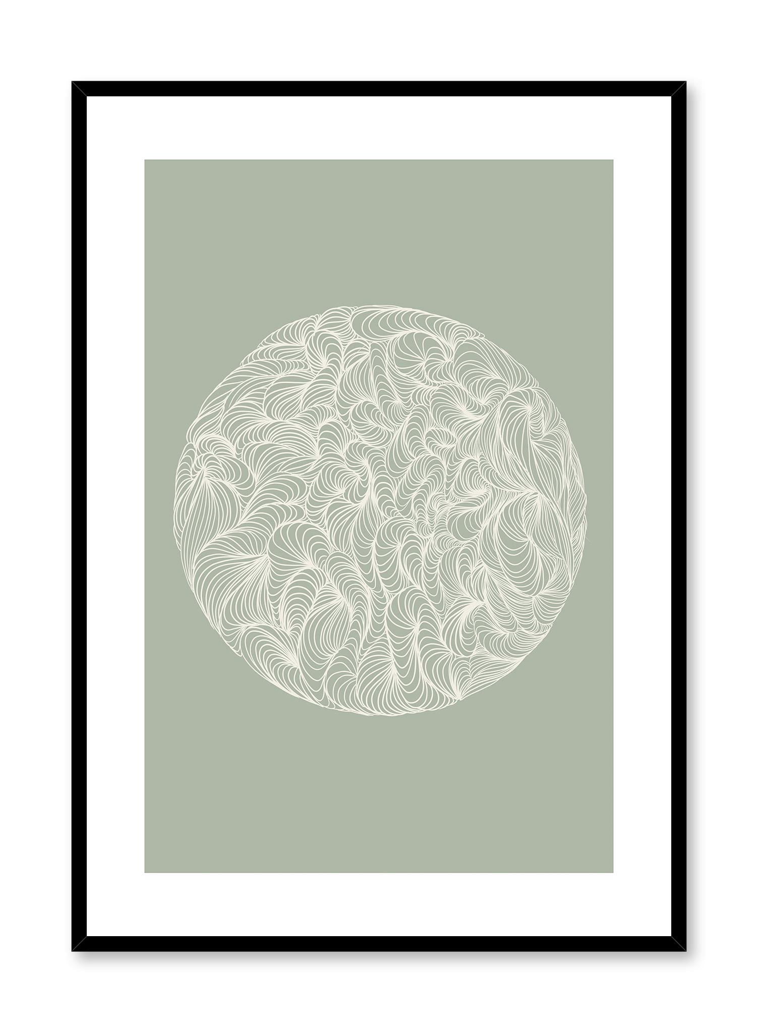 Nature Hypnosis is a minimalist illustration by Opposite Wall of a round ball of a striped and curved line pattern.