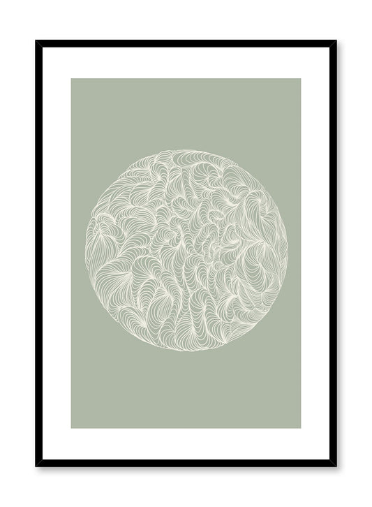 Nature Hypnosis is a minimalist illustration by Opposite Wall of a round ball of a striped and curved line pattern.