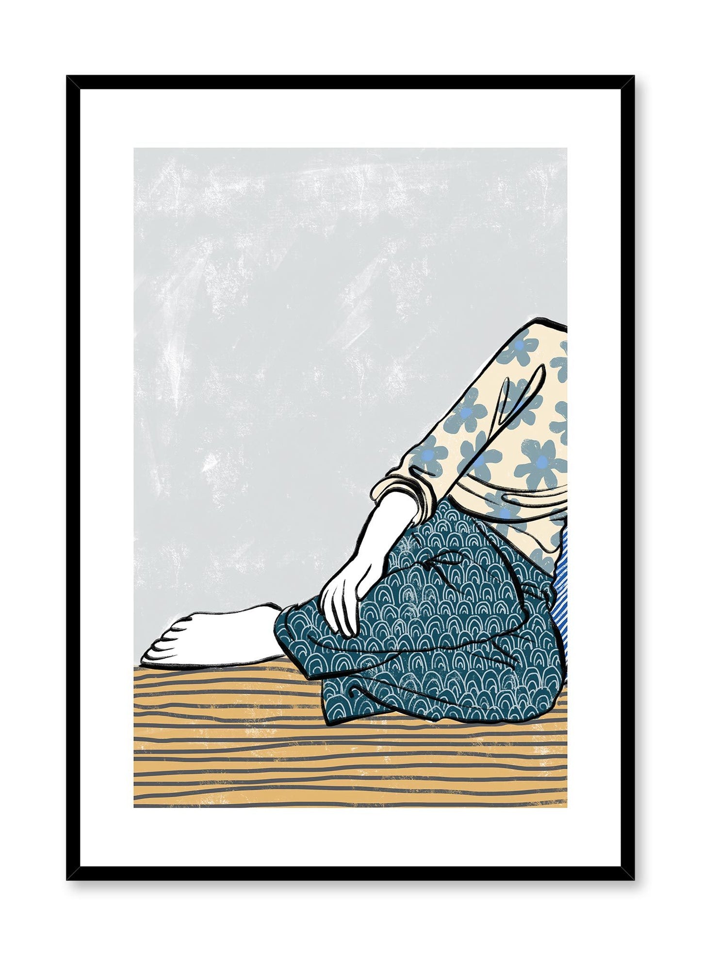 Yukata is a minimalist illustration by Opposite Wall of a woman sitting on the floor wearing comfortable clothing.