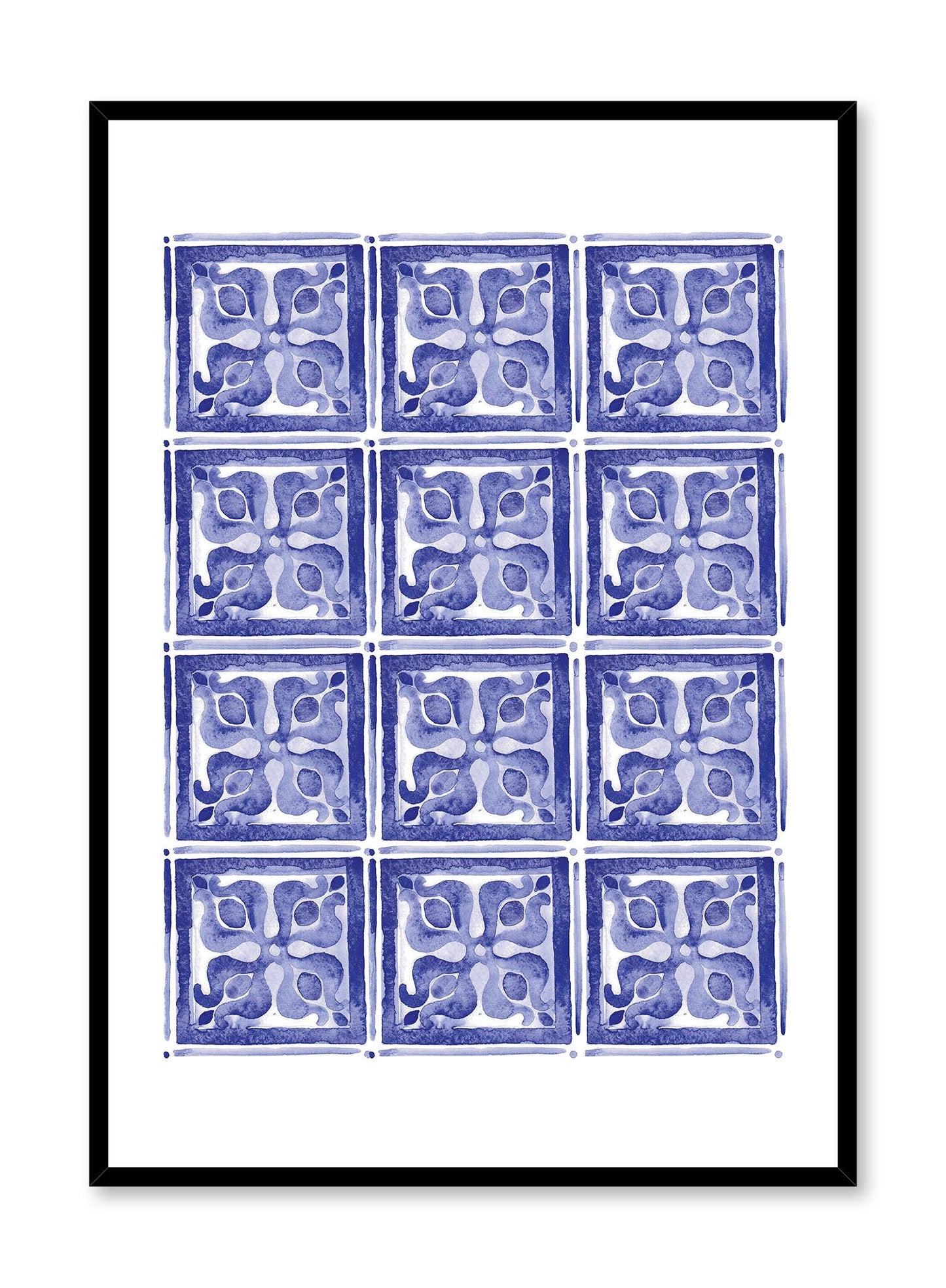 Mosaic is a minimalist illustration by Opposite Wall of twelve blue cubes with a floral pattern.
