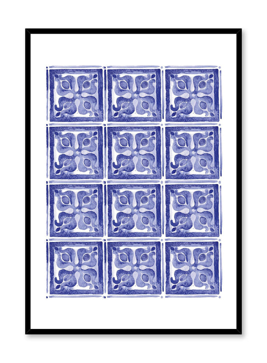 Mosaic is a minimalist illustration by Opposite Wall of twelve blue cubes with a floral pattern.