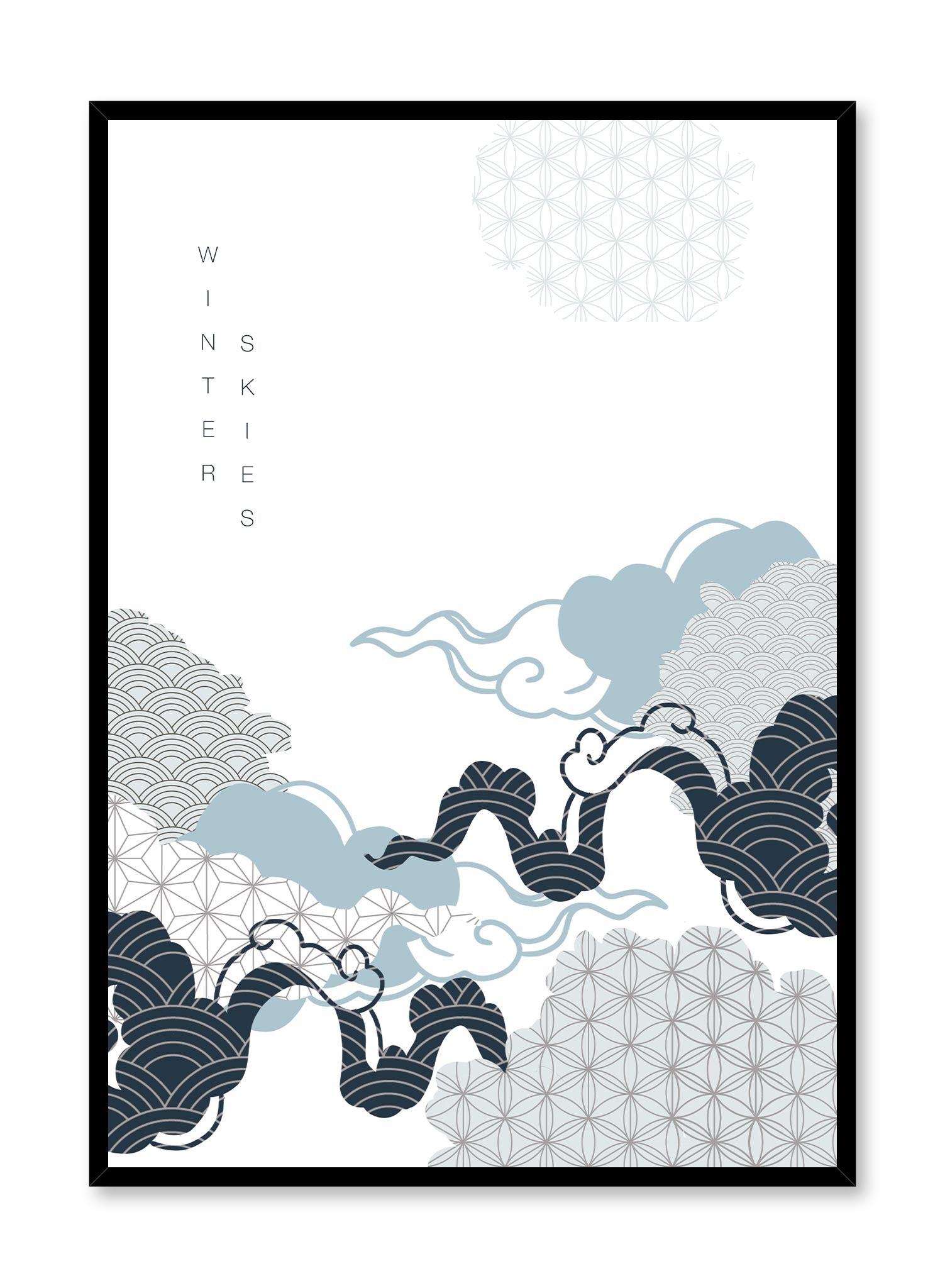 Winter Skies is a minimalist illustration by Opposite Wall of a sky filled with clouds with different oriental patterns with the words “Winter Skies” in the top left.