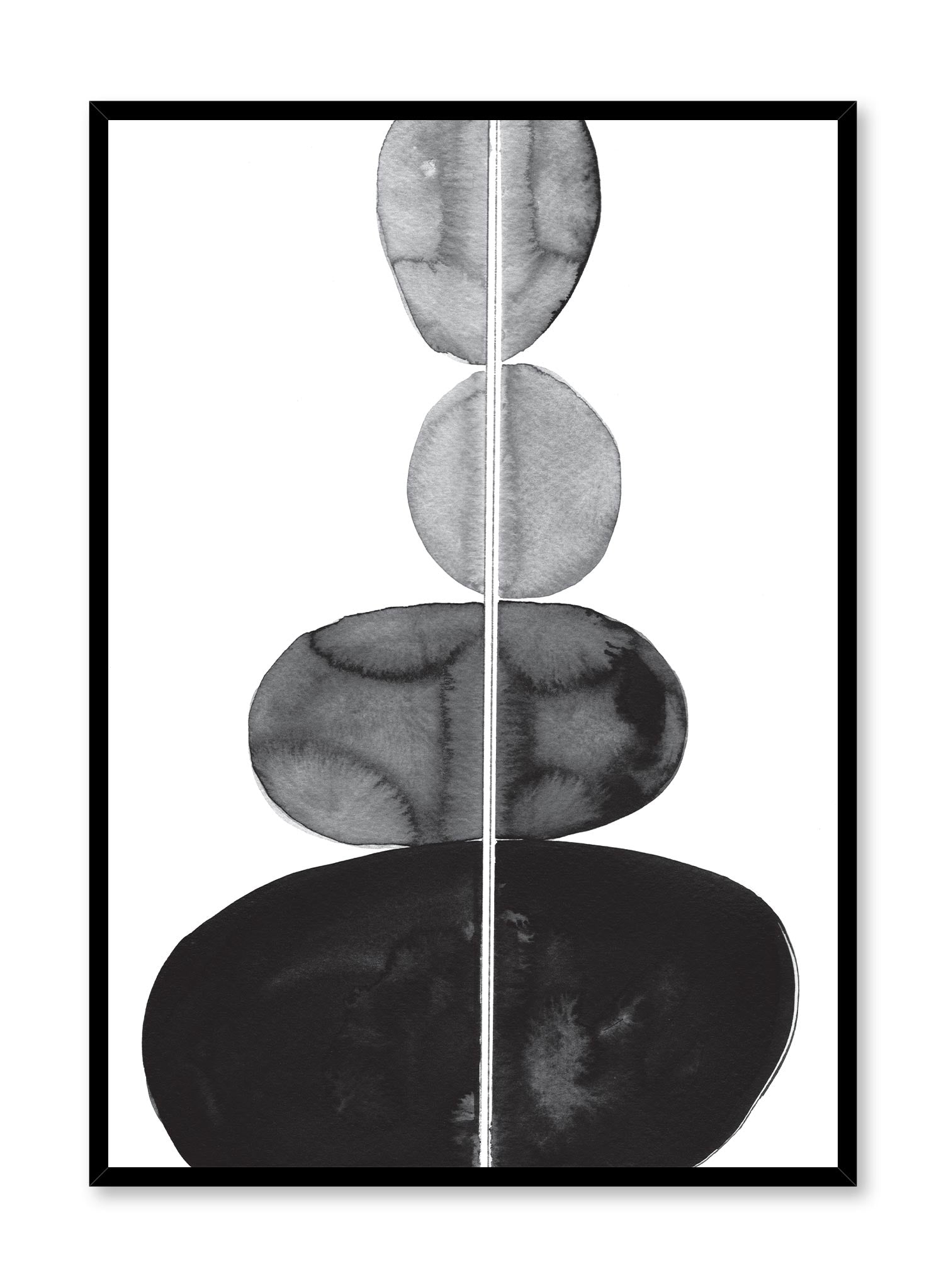 Cairn is a minimalist illustration by Opposite Wall of four stacked stones from small to big all slashed vertically down the center drawn in ink.