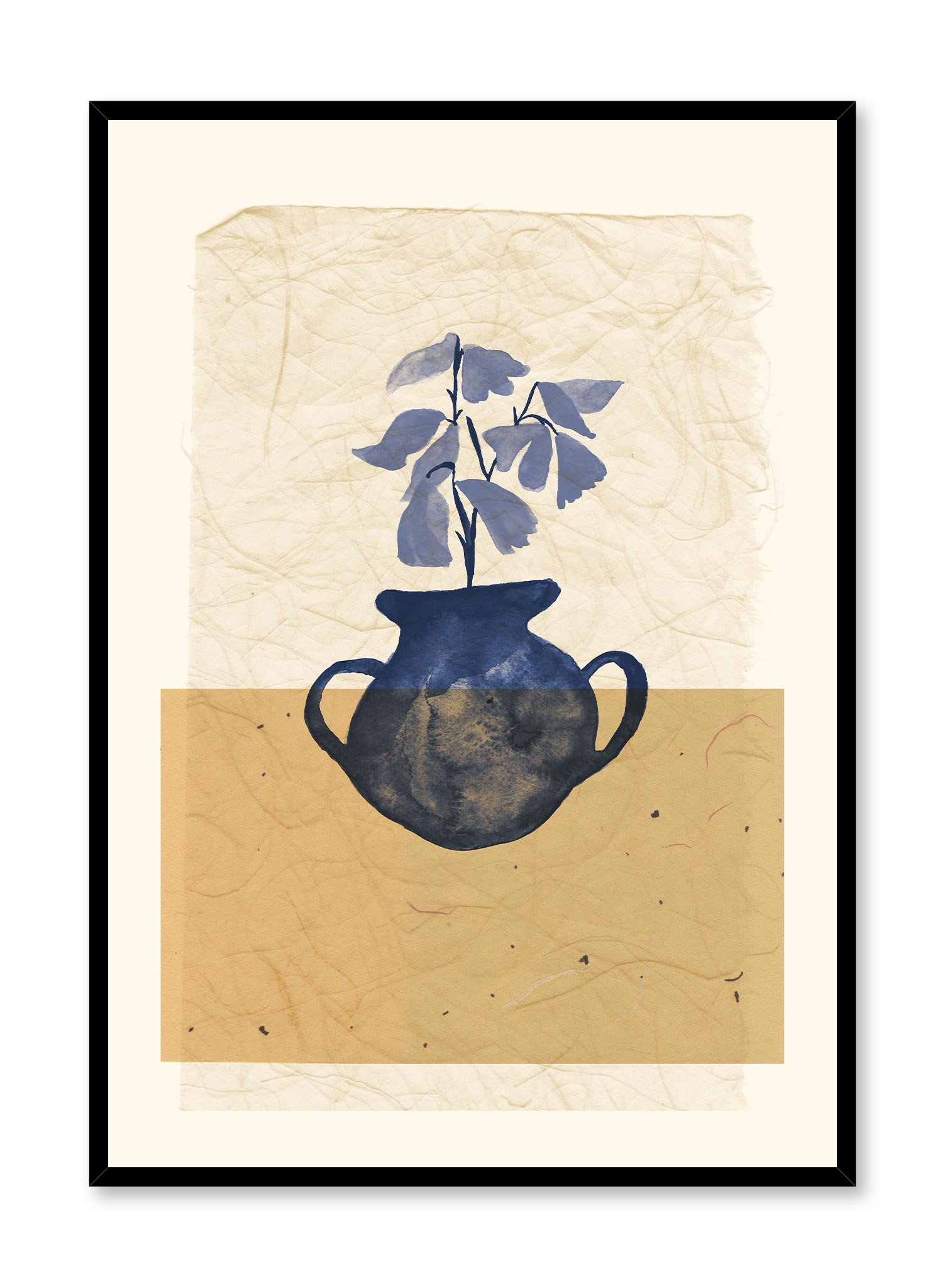Rice Paper Still Life is a minimalist illustration by Opposite Wall of a double-handle blue vase with blue bell flowers.