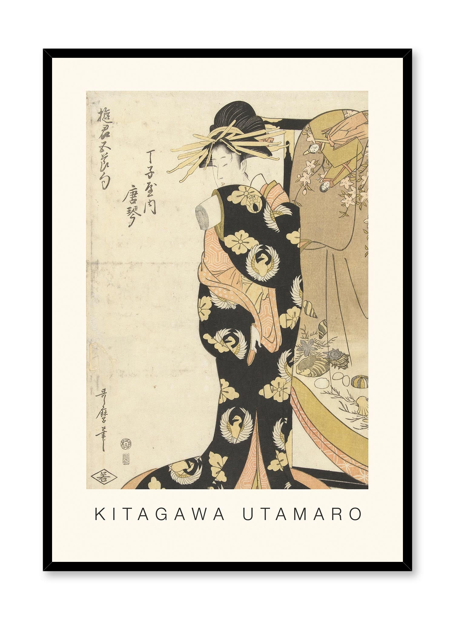 Courtesan Karagoto of Chojiya is a minimalist gravure by Opposite Wall of Kitagawa Utamaro's ancient drawing of Karagoto of Chojiya.