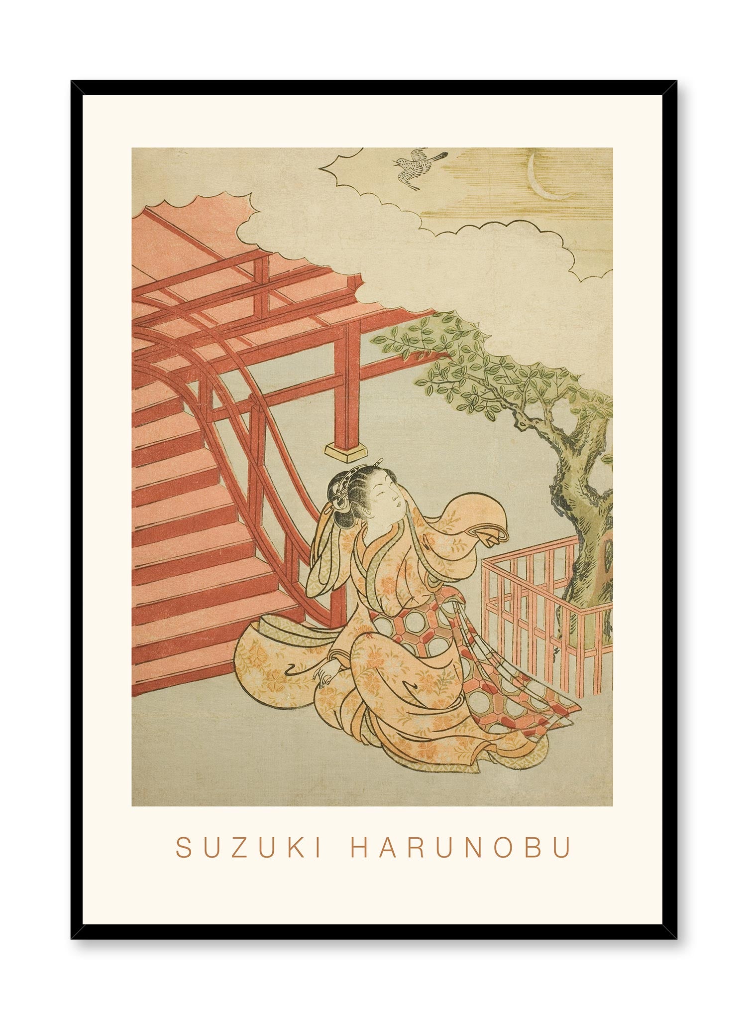 The Call of the Cuckoo from Above the Clouds is a minimalist gravure by Opposite Wall of Suzuki Harunobu's The Call of the Cuckoo from Above the Clouds which is a parody of Minamoto no Yorimasa.