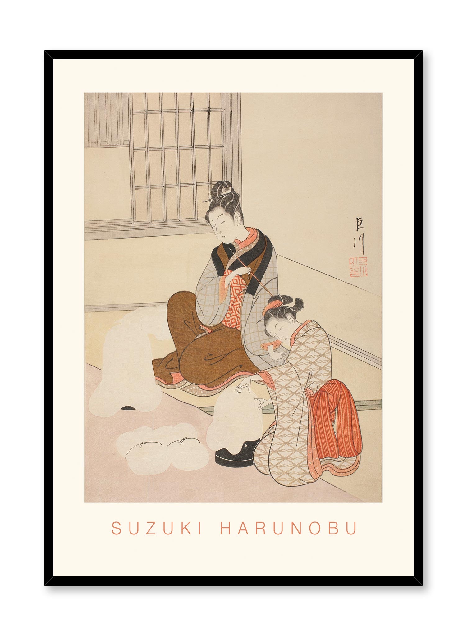 Evening snow on a Floss Shaper is a minimalist gravure by Opposite Wall of Suzuki Harunobu's Evening Snow on a Floss Shaper from the series "Eight Views of the Parlor". 