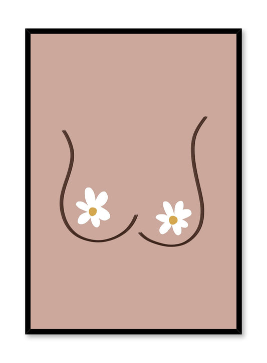 Blooming Boobs is a minimalist illustration by Opposite Wall of a pair of boobs covered by a white daisy on each side. 