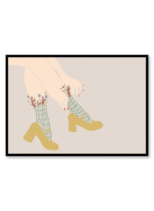 Sock Hop is a minimalist illustration by Opposite Wall of a woman pulling up her flowery socks while wearing yellow high heels.