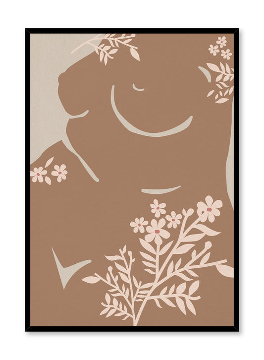 Body in Bloom is a minimalist illustration by Opposite Wall of the silhouette of a woman's body covered with flowers here and there. 