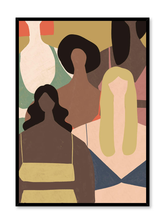 Squad is a minimalist illustration by Opposite Wall of five women of different backgrounds standing together in their underwear.
