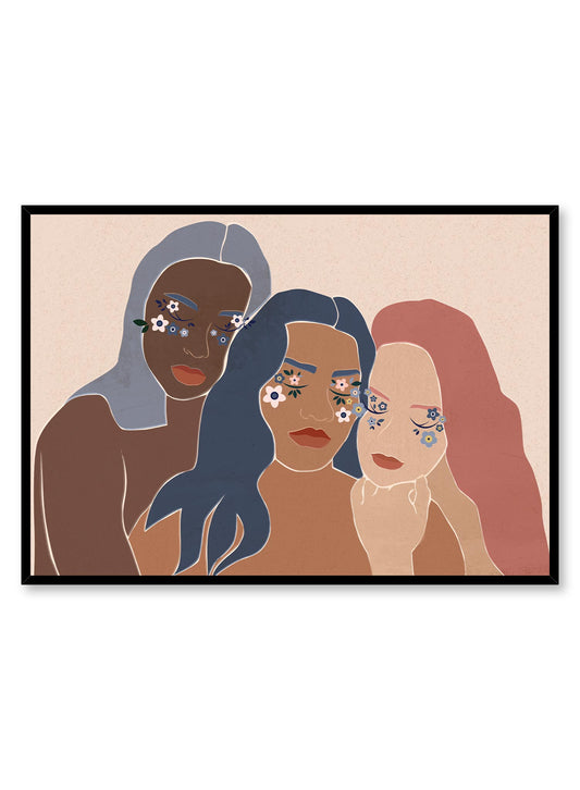 Empathy is a minimalist illustration by Opposite Wall of three beautiful women with flowers on their face giving strength to each other through a hug. 