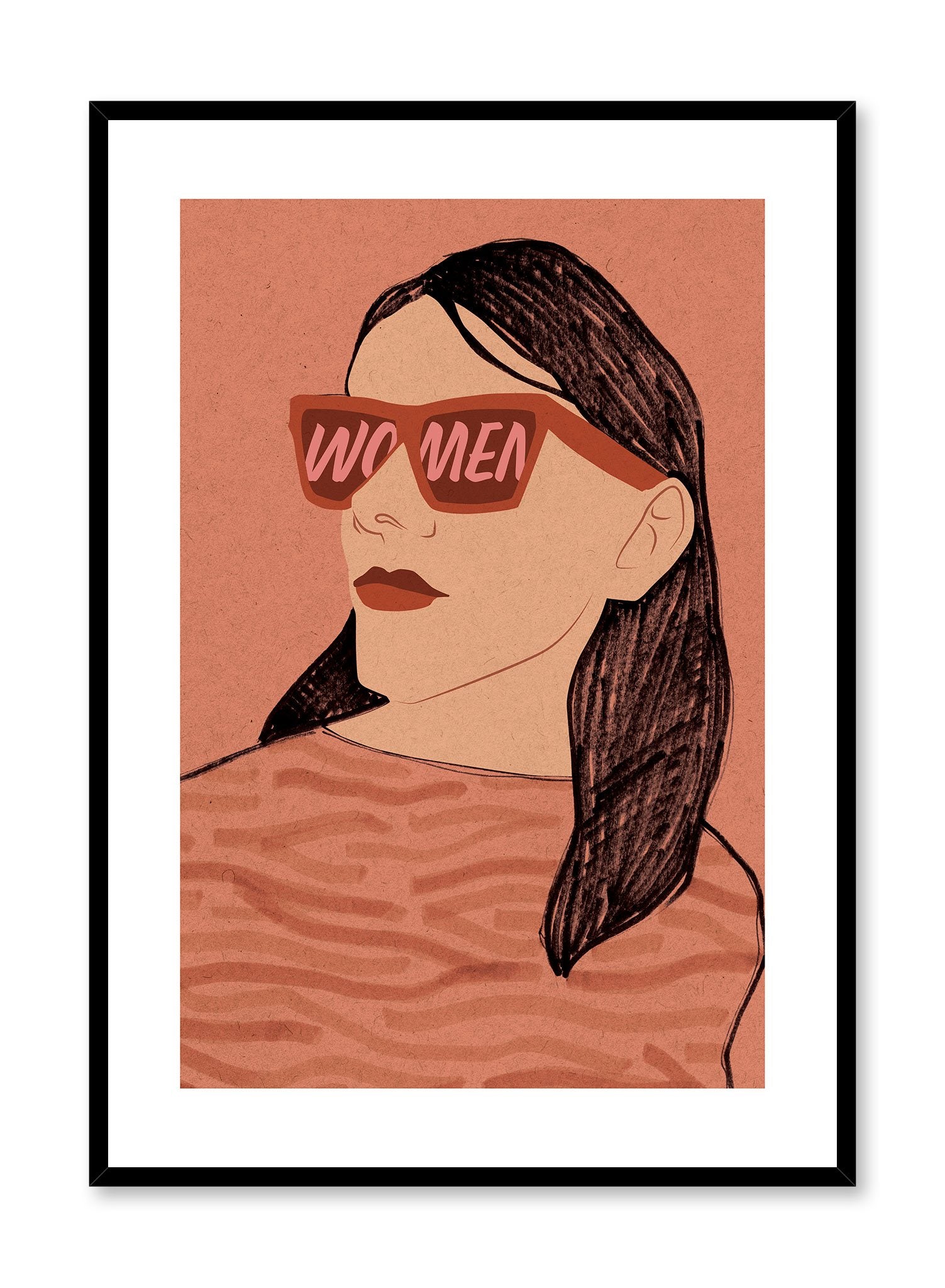 Women on my Mind is a minimalist illustration by Opposite Wall of a woman wearing an orange pair of sunglasses with the word "Women" written in a big font. 