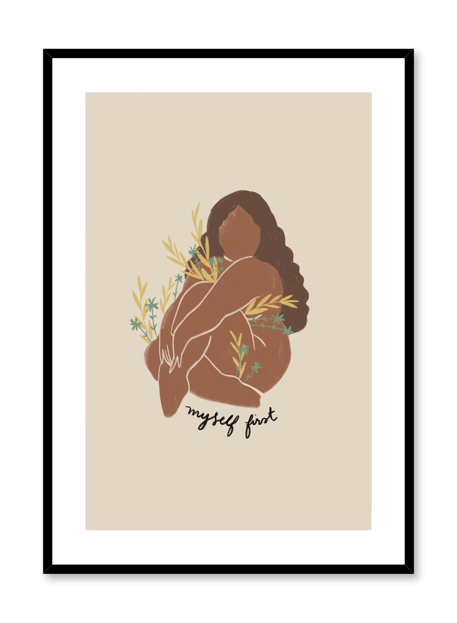 #1 Priority is a minimalist illustration by Opposite Wall of a woman hugging herself for some self-love with the words "Myself first" written underneath. 