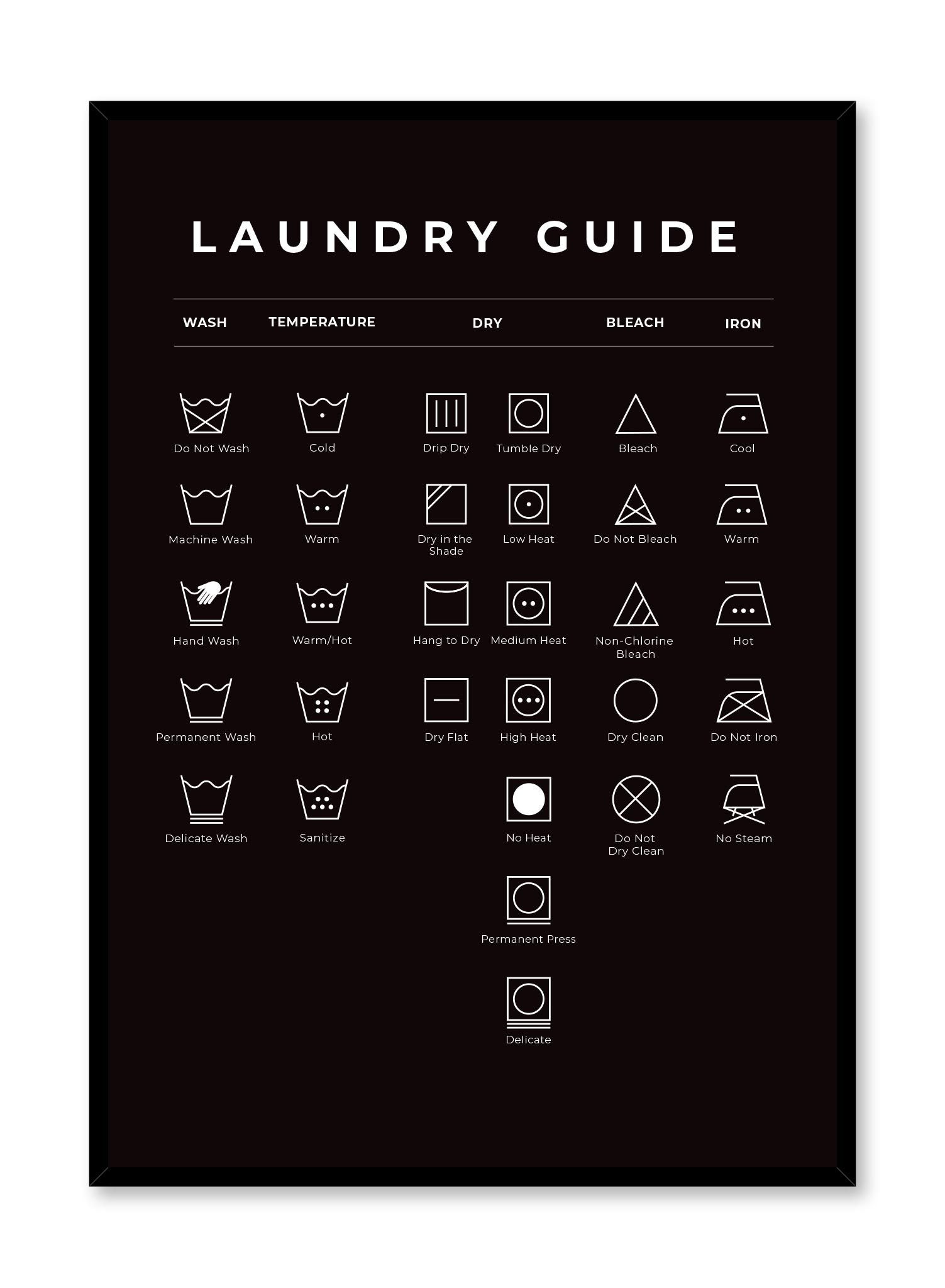 Laundry Guide in Black is a minimalist typography by Opposite Wall of a chart of laundry symbols and their meaning.