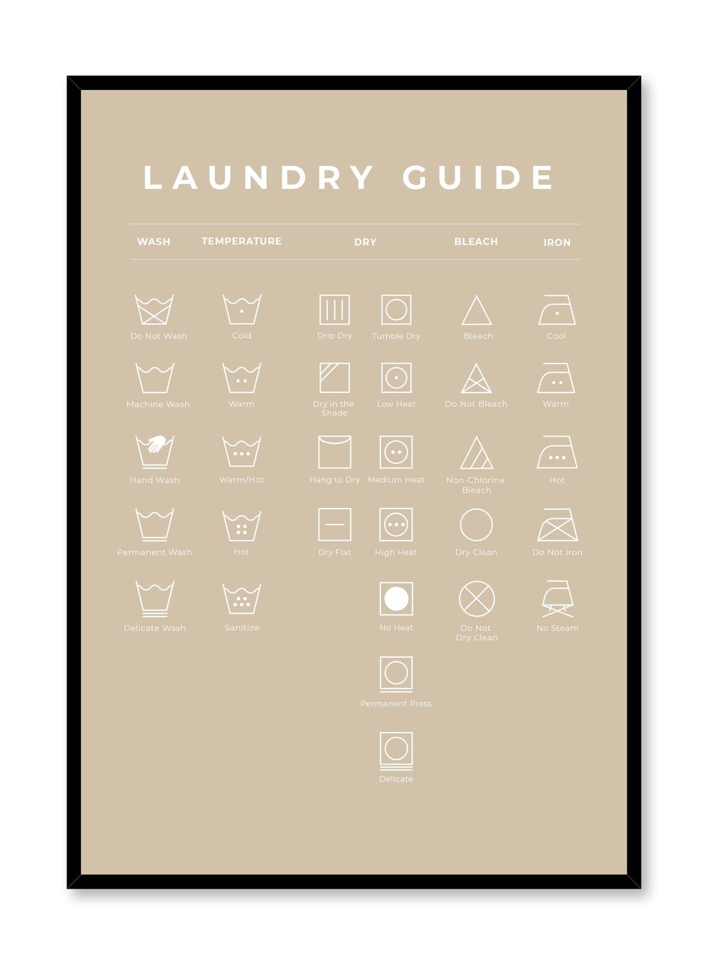 Laundry Guide in Beige is a minimalist typography by Opposite Wall of a chart of laundry symbols and their meaning.