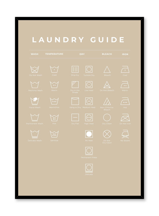 Laundry Guide in Beige is a minimalist typography by Opposite Wall of a chart of laundry symbols and their meaning.