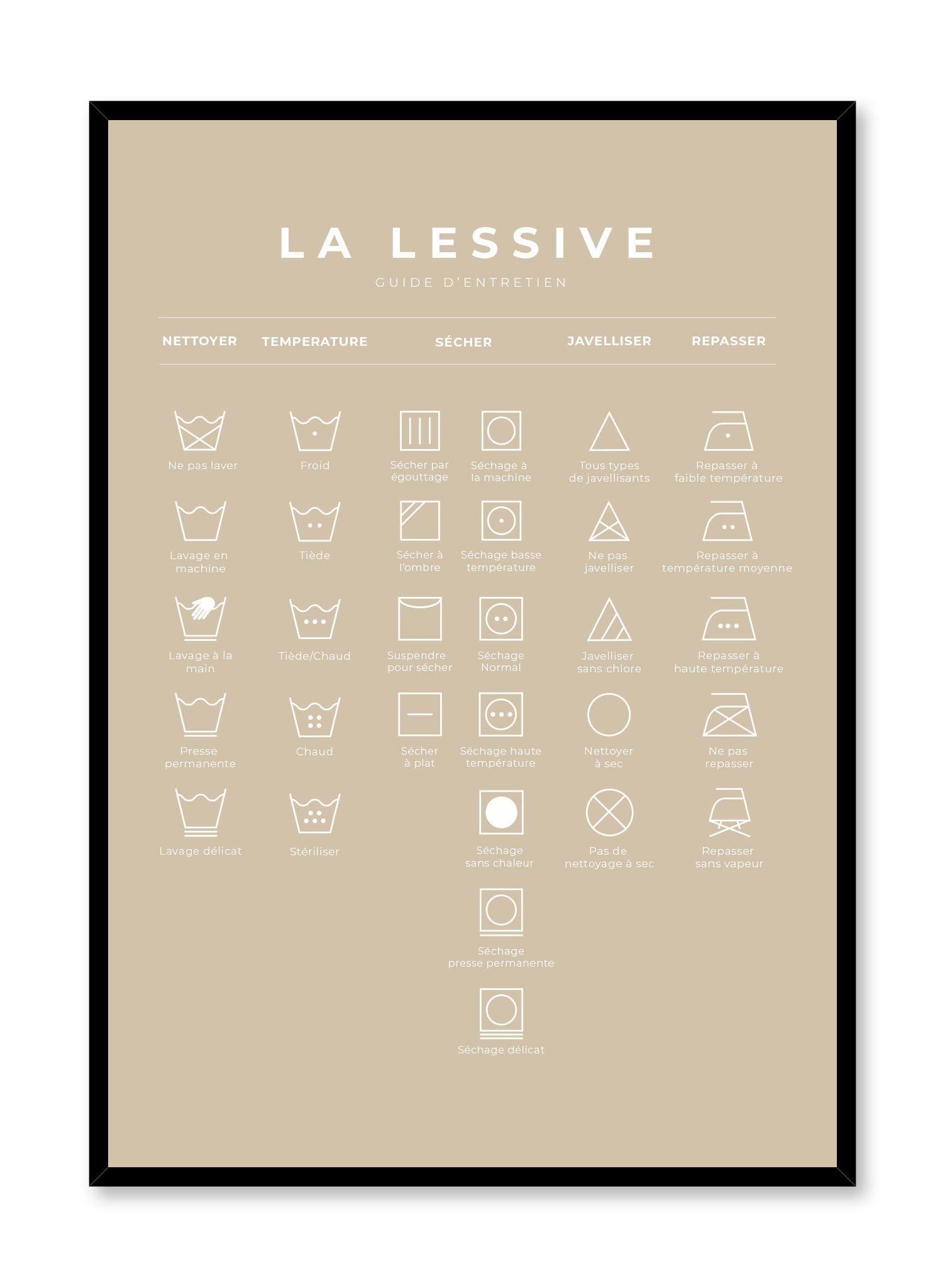 Laundry Guide in French and Beige is a mnimalist typography by Opposite Wall of a chart of laundry symbols and their meaning. 