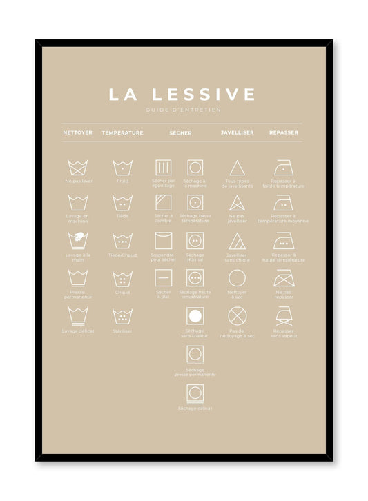 Laundry Guide in French and Beige is a mnimalist typography by Opposite Wall of a chart of laundry symbols and their meaning.