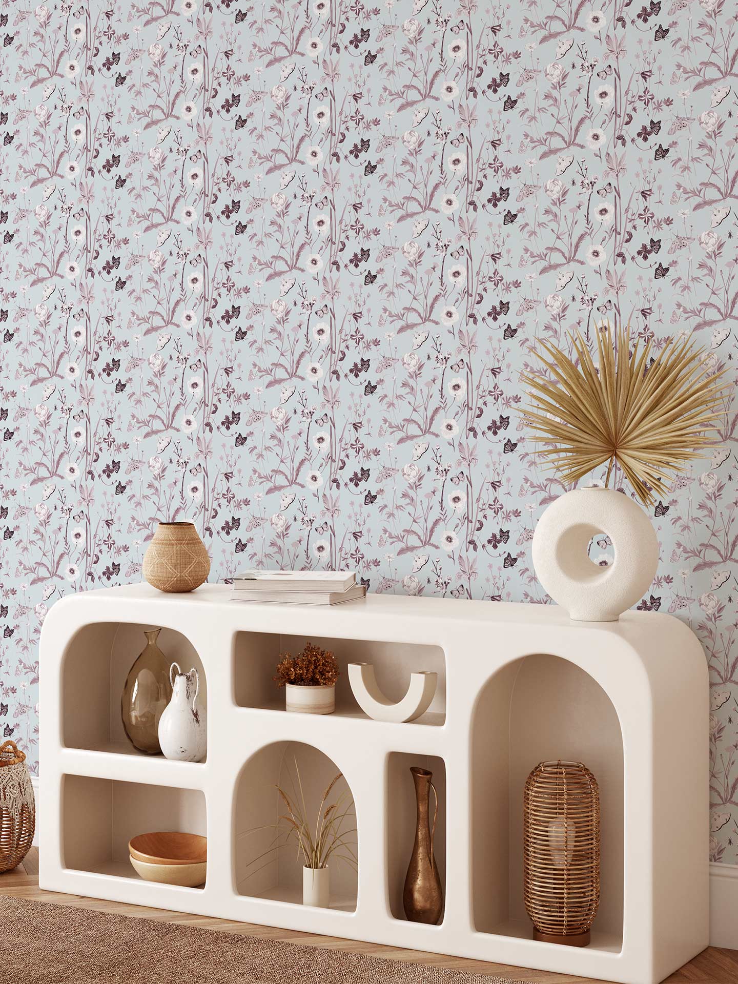 Midsommar is a minimalist wallpaper by Opposite Wall of a collection of butterflies and wildflowers.