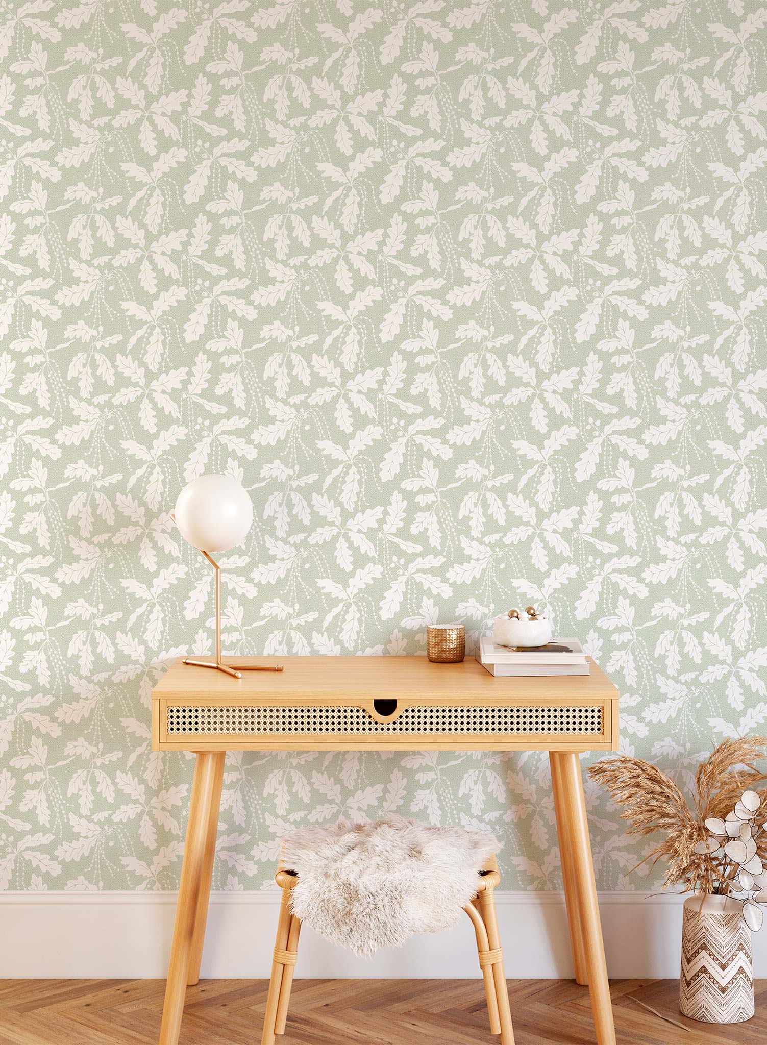 Oak Catkin is a minimalist wallpaper by Opposite Wall of leaves and catkins of oak trees.