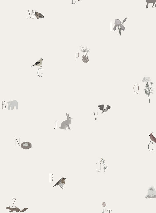Woodland Lesson in English is a Minimalist wallpaper by Opposite Wall of an alphabet with an animal & forest them