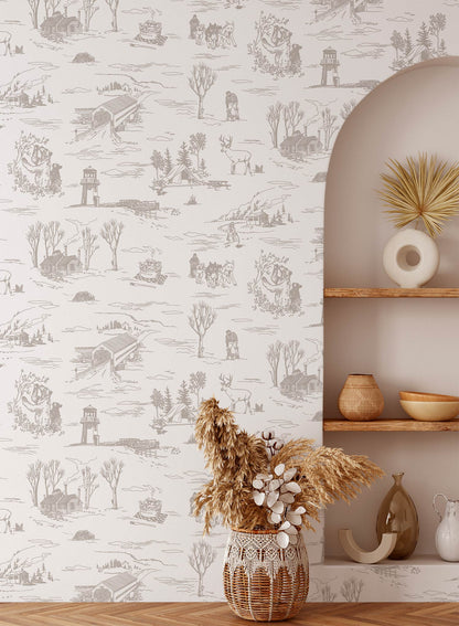 Folklore is a minimalist wallpaper by Opposite Wall of drawings of typical Canadian sightings.